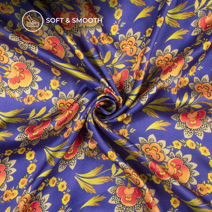 Royal Blue Floral Digital Print Viscose Gaji Silk Fabric