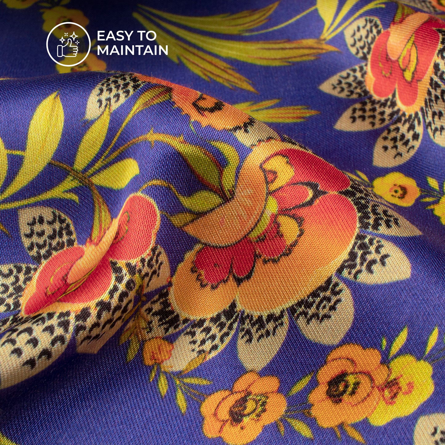 Royal Blue Floral Digital Print Viscose Gaji Silk Fabric