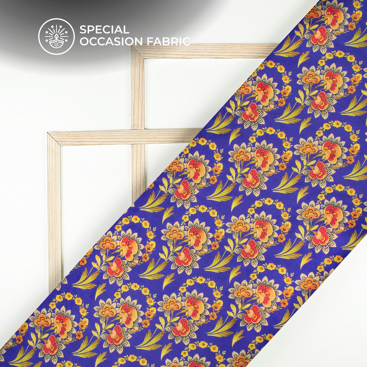 Royal Blue Floral Digital Print Viscose Gaji Silk Fabric