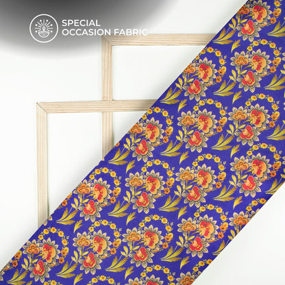 Royal Blue Floral Digital Print Viscose Gaji Silk Fabric