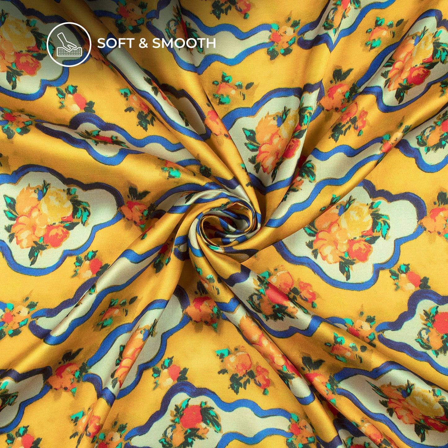 Mustard Yellow Floral Digital Print Viscose Gaji Silk Fabric