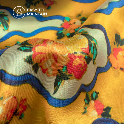 Mustard Yellow Floral Digital Print Viscose Gaji Silk Fabric
