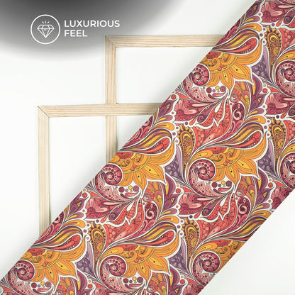 Bright Orange Paisley Digital Print Imported Satin Fabric