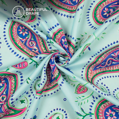 Baby Blue Paisley Digital Print Imported Satin Fabric