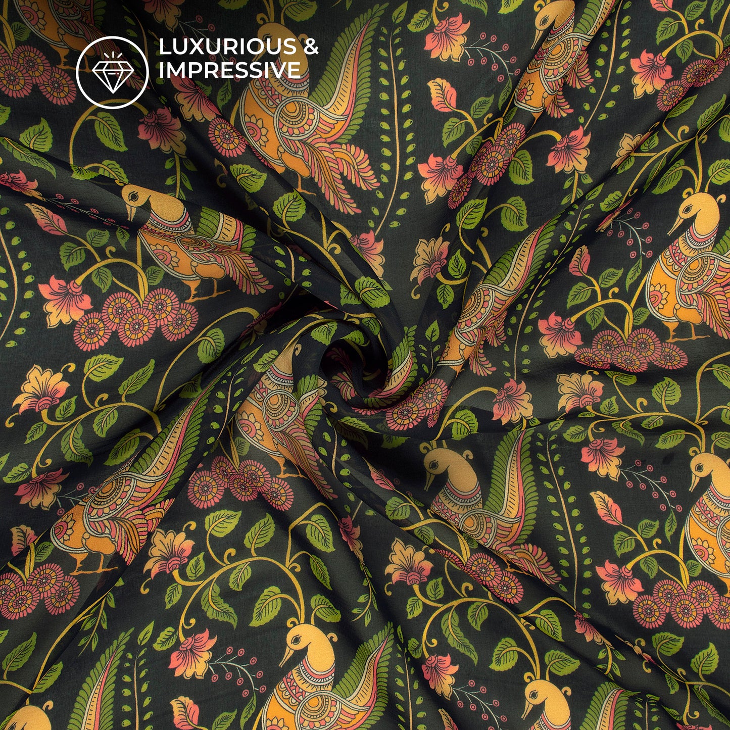 Luxury Bloom Kalamkari Inspire Digital Print Pure Organza Fabric