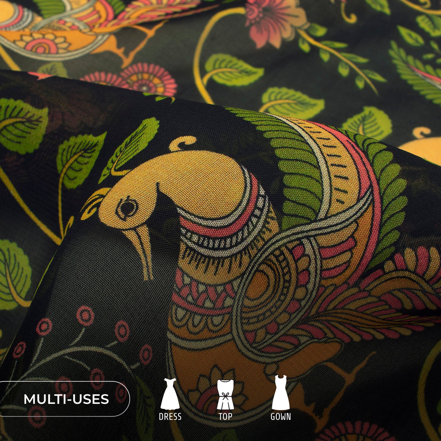 Luxury Bloom Kalamkari Inspire Digital Print Pure Organza Fabric