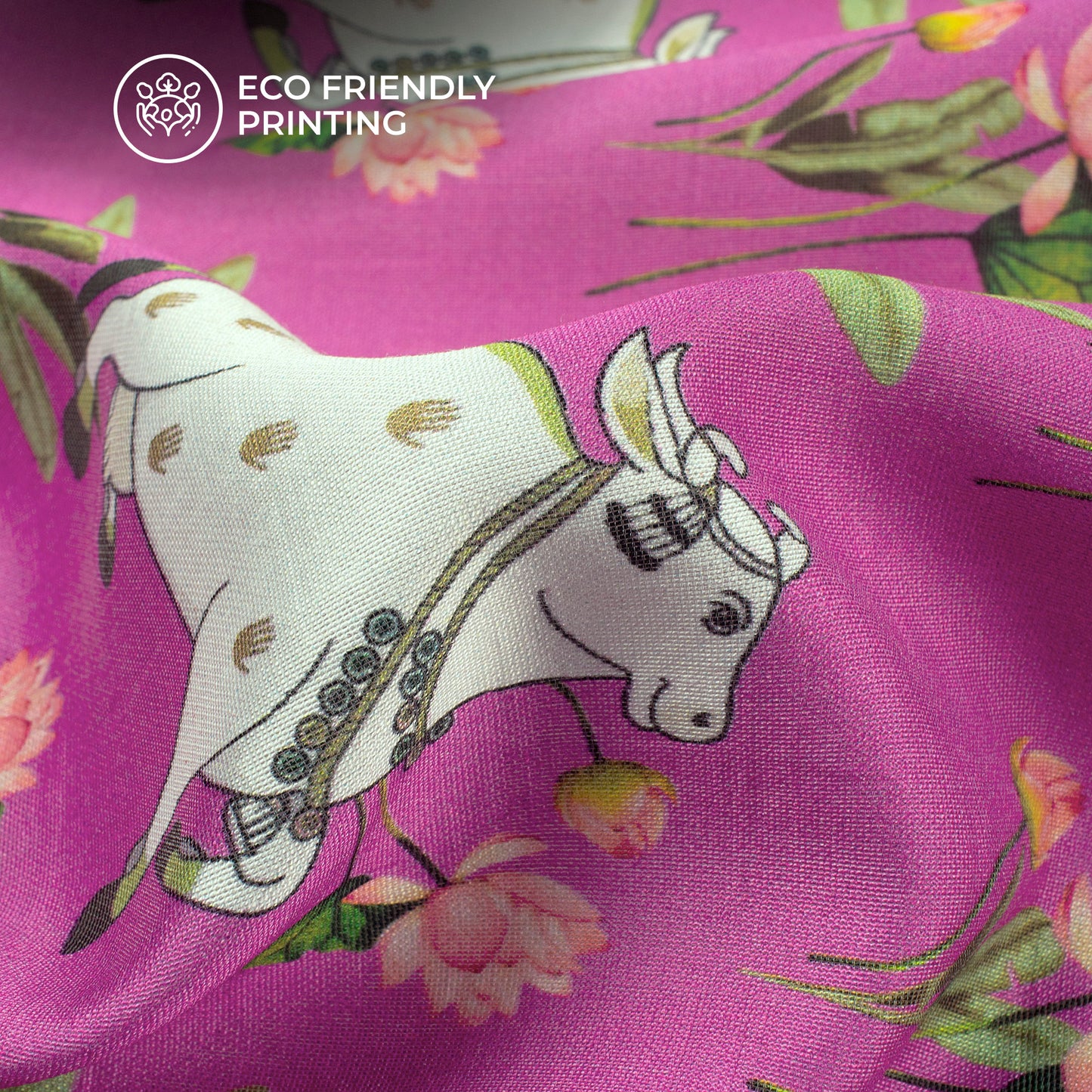 Kamdhenu Lotus Pichwai Digital Print Viscose Chanderi Fabric