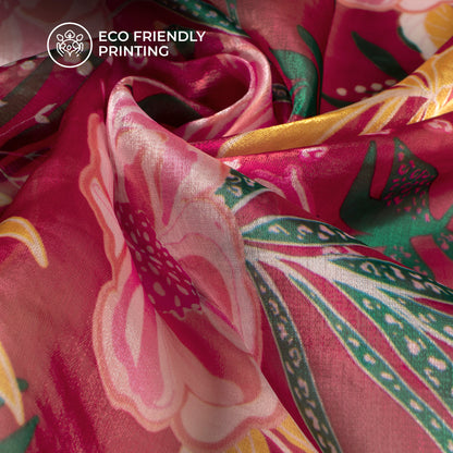 Cherry Red Floral Digital Print Shimmer Tissue Fabric