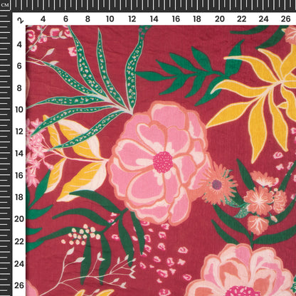 Cherry Red Floral Digital Print Shimmer Tissue Fabric