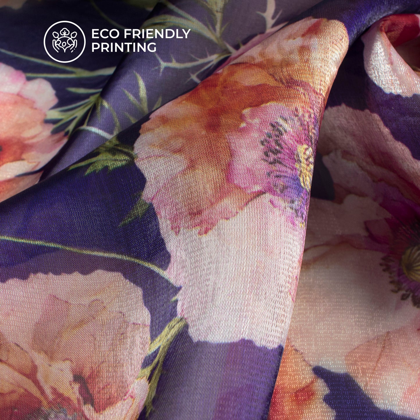 Navy Blue Floral Digital Print Shimmer Tissue Fabric