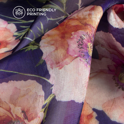 Navy Blue Floral Digital Print Shimmer Tissue Fabric