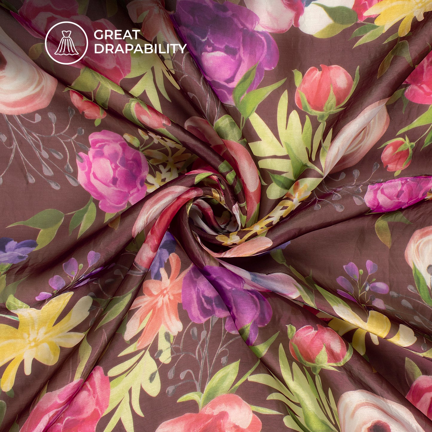 Coffee Brown Floral Digital Print Shimmer Tissue Fabric