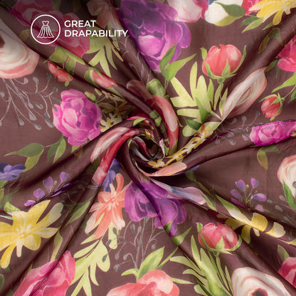 Coffee Brown Floral Digital Print Shimmer Tissue Fabric