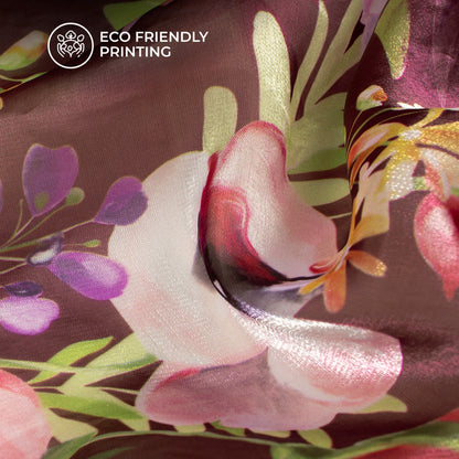 Coffee Brown Floral Digital Print Shimmer Tissue Fabric