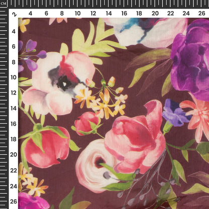 Coffee Brown Floral Digital Print Shimmer Tissue Fabric
