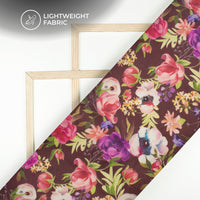 Coffee Brown Floral Digital Print Shimmer Tissue Fabric