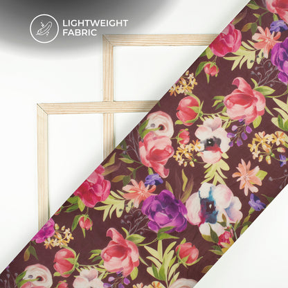 Coffee Brown Floral Digital Print Shimmer Tissue Fabric