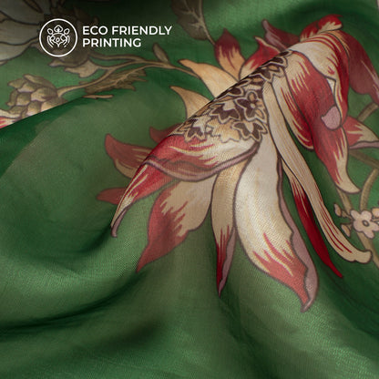 Moss Green Floral Digital Print Shimmer Tissue Fabric