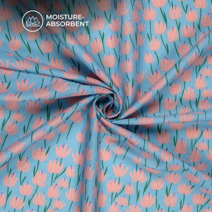 Baby Blue Floral Digital Print Cotton Mulmul Fabric
