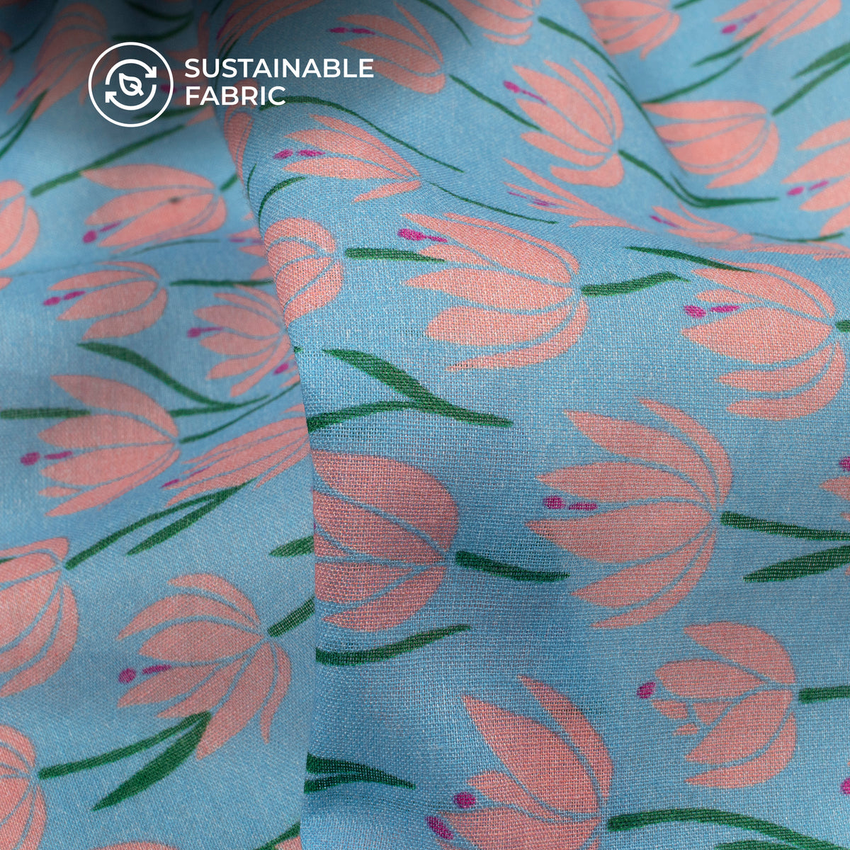 Baby Blue Floral Digital Print Cotton Mulmul Fabric