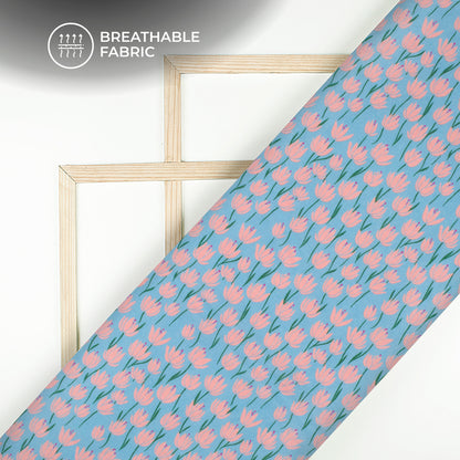 Baby Blue Floral Digital Print Cotton Mulmul Fabric
