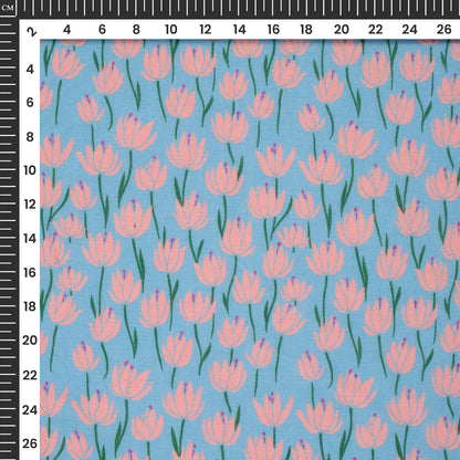 Baby Blue Floral Digital Print Cotton Mulmul Fabric