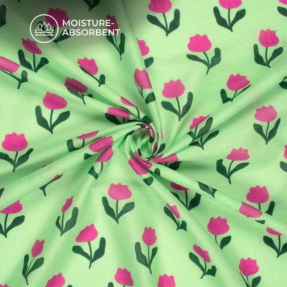 Mint Green Floral Digital Print Cotton Mulmul Fabric