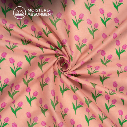 Peach Pink Floral Digital Print Cotton Mulmul Fabric