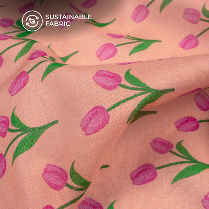 Peach Pink Floral Digital Print Cotton Mulmul Fabric