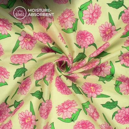 Canary Yellow Floral Digital Print Cotton Mulmul Fabric