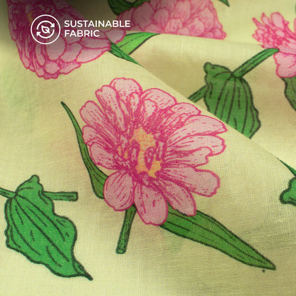 Canary Yellow Floral Digital Print Cotton Mulmul Fabric