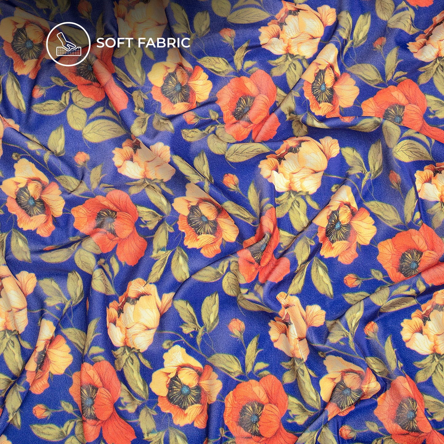 Royal Blue Floral Digital Print Velvet Fabric