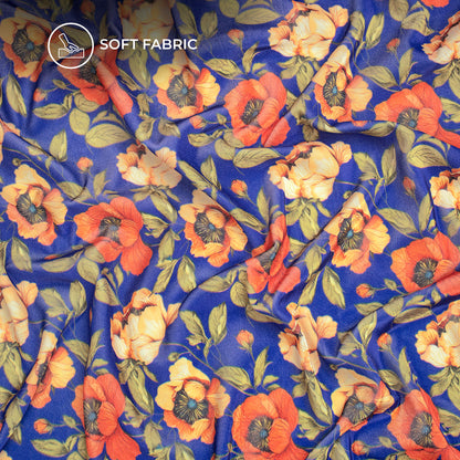 Royal Blue Floral Digital Print Velvet Fabric