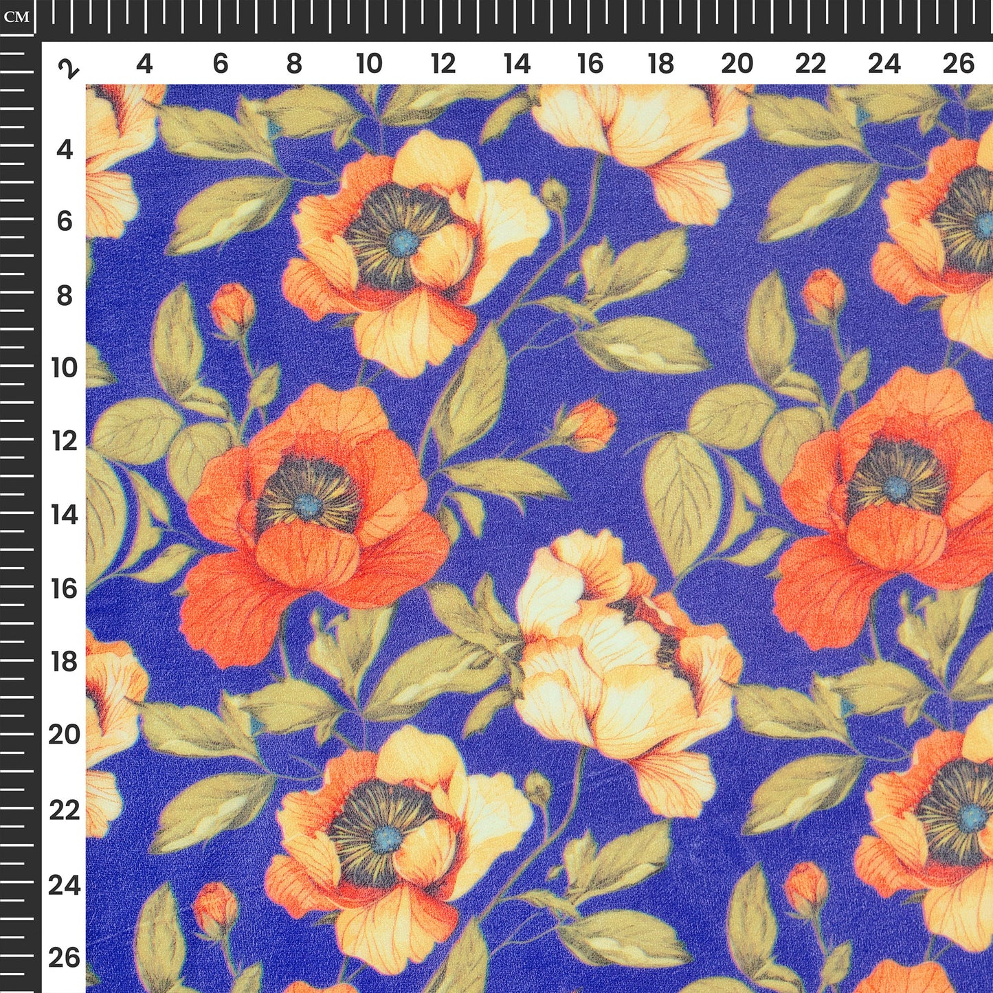 Royal Blue Floral Digital Print Velvet Fabric