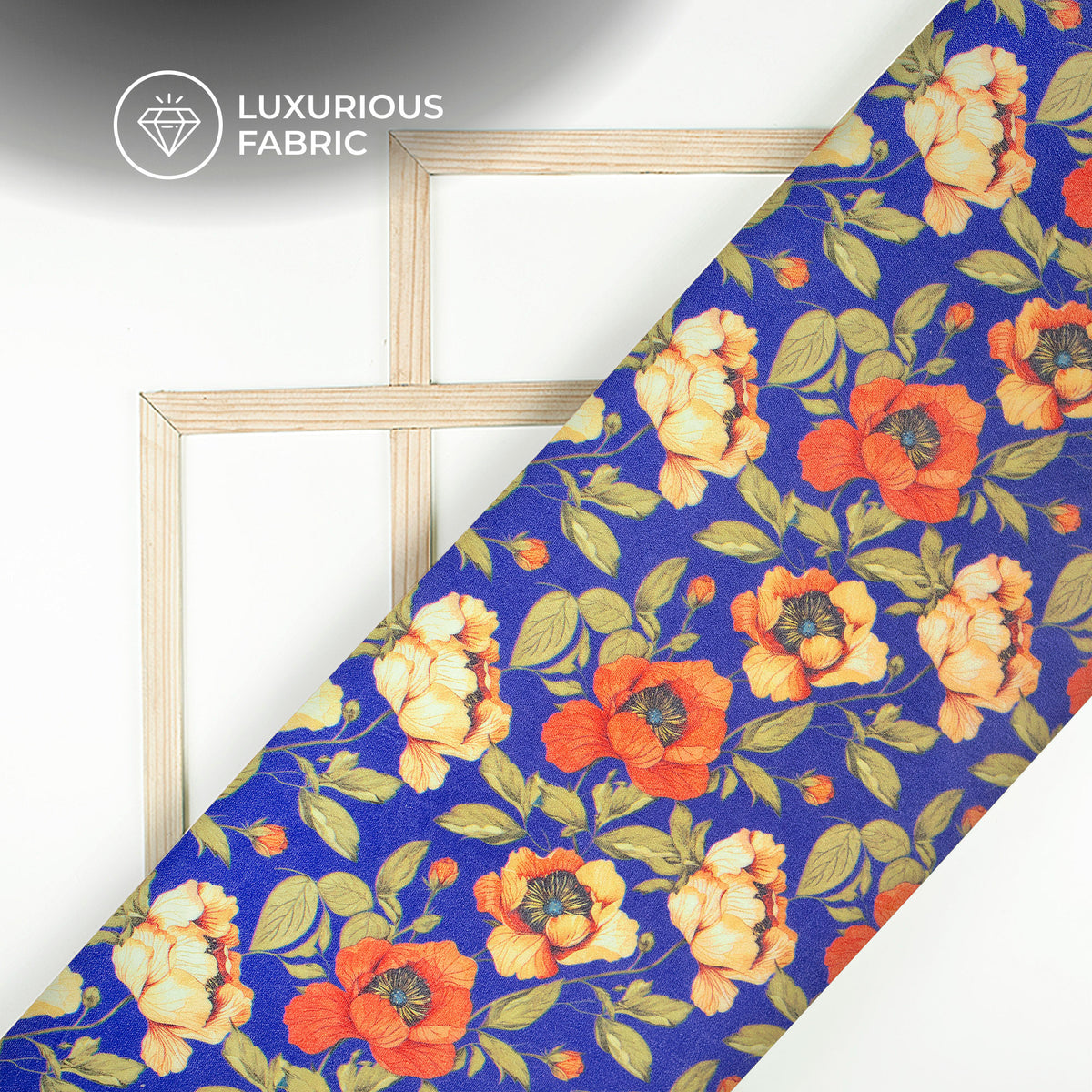 Royal Blue Floral Digital Print Velvet Fabric
