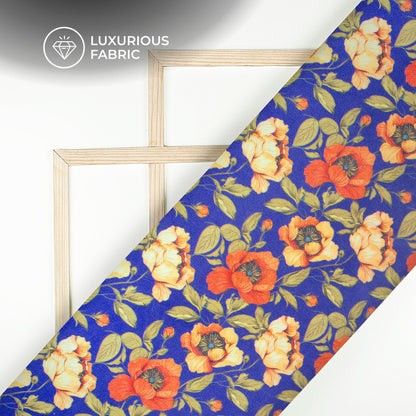 Royal Blue Floral Digital Print Velvet Fabric