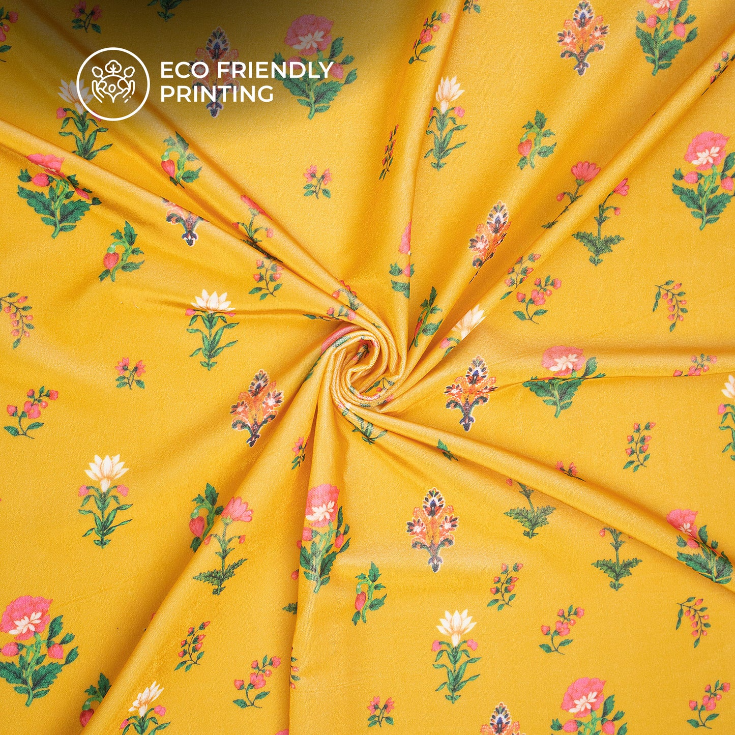 Lemon Yellow Floral Digital Print Velvet Fabric