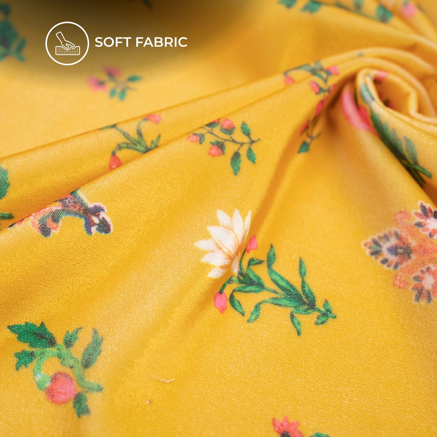 Lemon Yellow Floral Digital Print Velvet Fabric