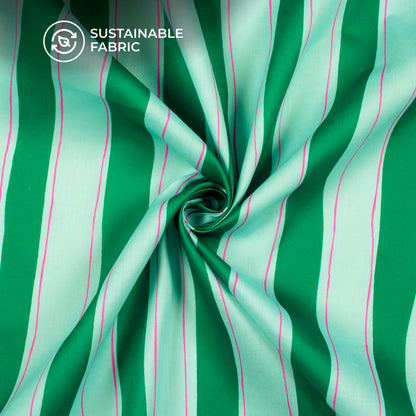 Green Wavy Stripes Digital Print Poly Glazed Cotton Fabric