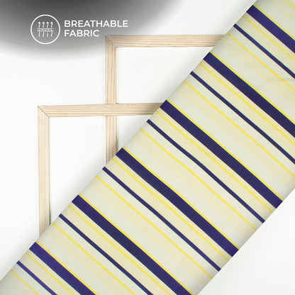 Blue And Yellow Stylish Stripes Digital Print Poly Glazed Cotton Fabric