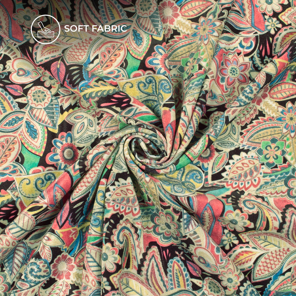 Salmon Pink Floral Digital Print Premium Velvet Fabric
