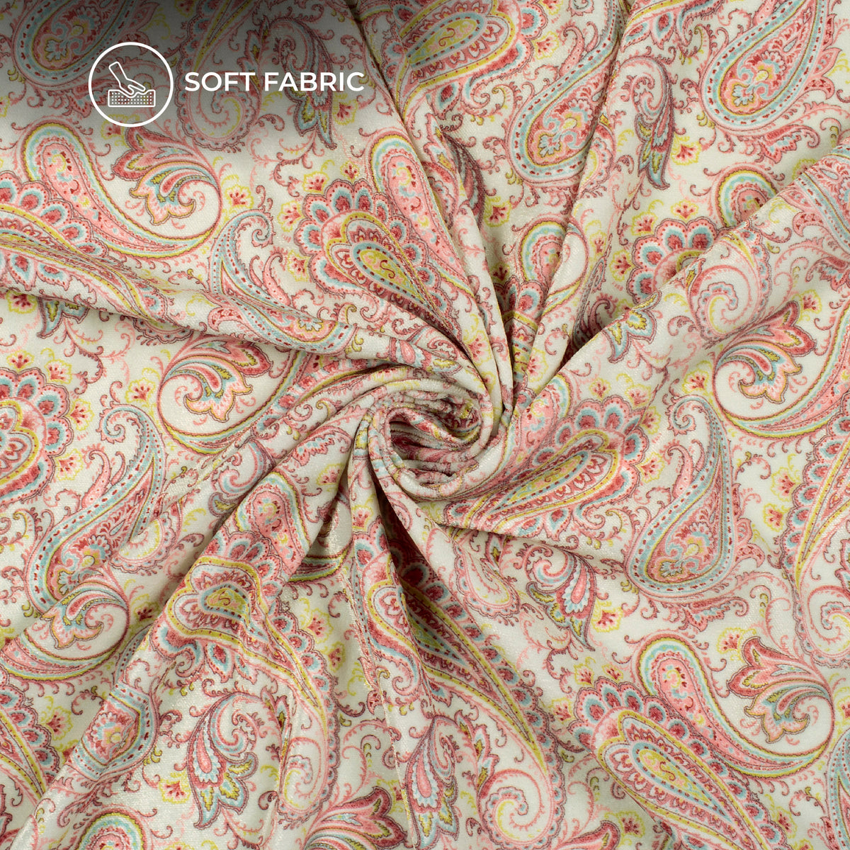 Salmon Pink Paisley Digital Print Premium Velvet Fabric