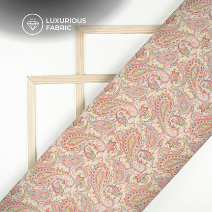 Salmon Pink Paisley Digital Print Premium Velvet Fabric