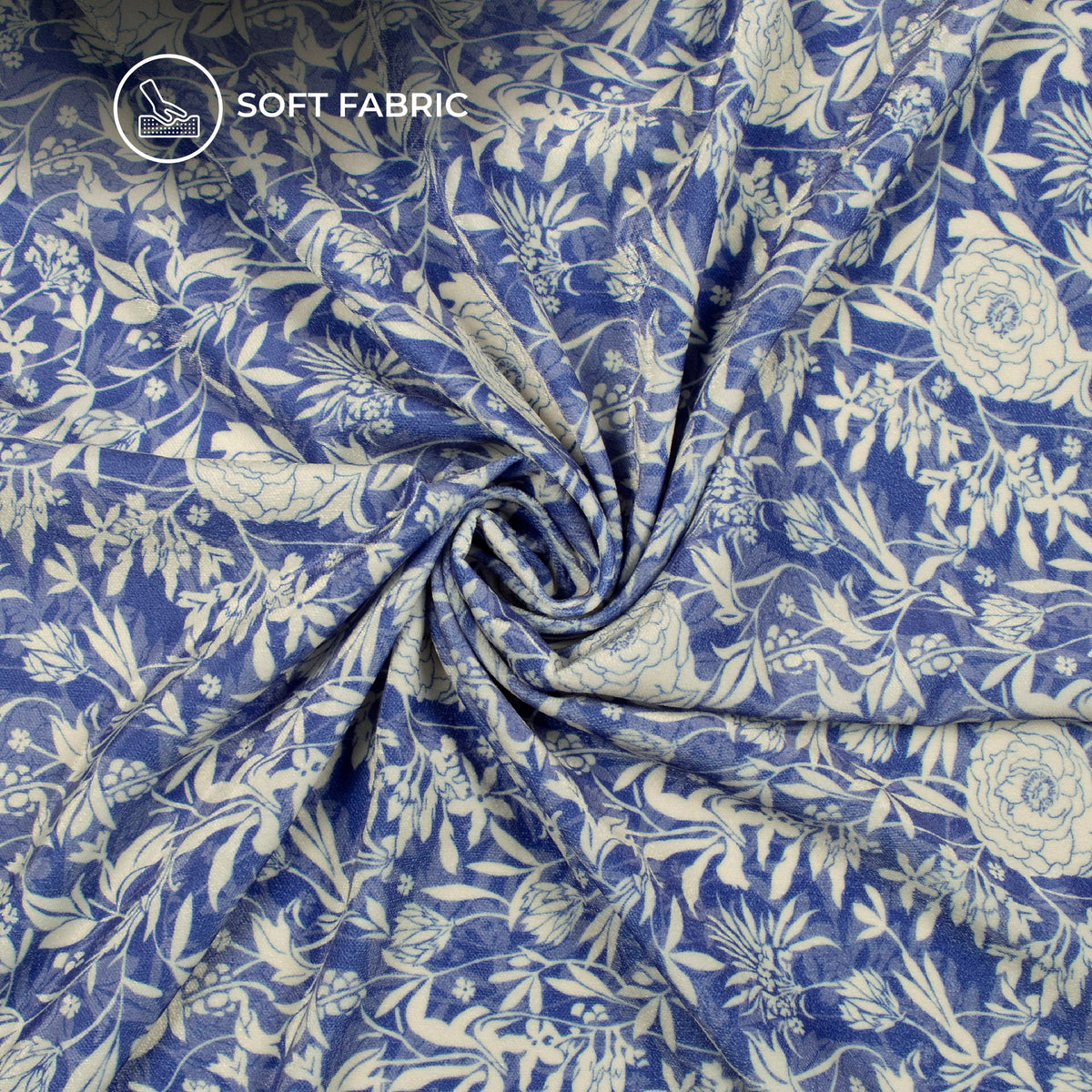 Royal Blue Floral Digital Print Premium Velvet Fabric