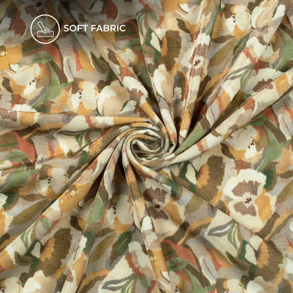 Coffee Brown Floral Digital Print Premium Velvet Fabric