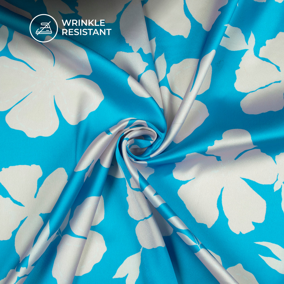Bright Blue Floral Digital Print Japan Satin Fabric