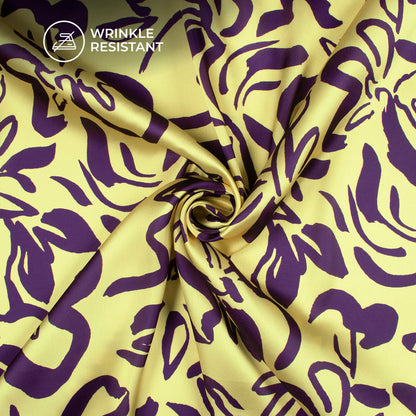 Canary Yellow Floral Digital Print Japan Satin Fabric