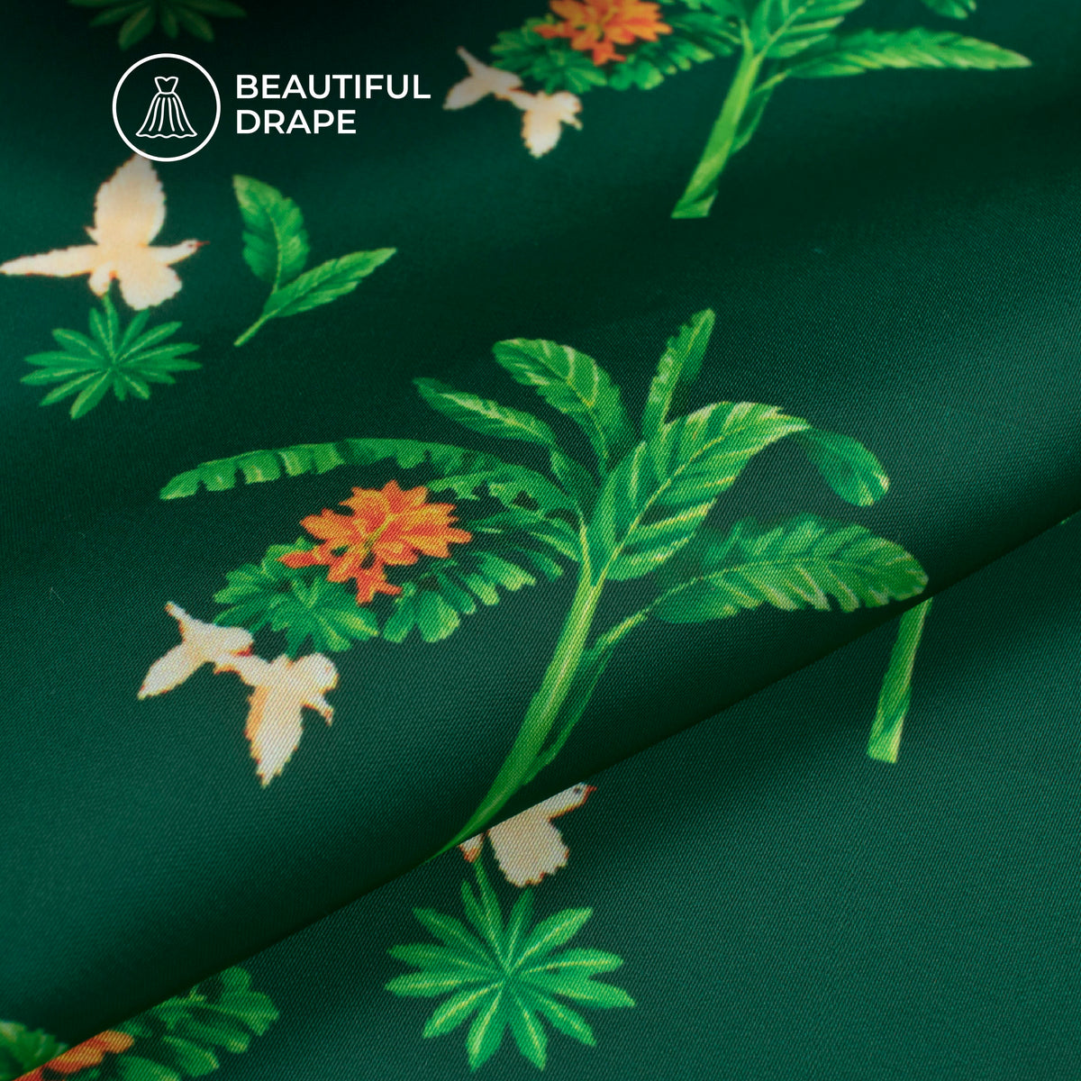 Dark Green Floral Digital Print Imported Satin Fabric