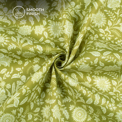 Olive Green Floral Digital Print Poly Glazed Cotton Fabric