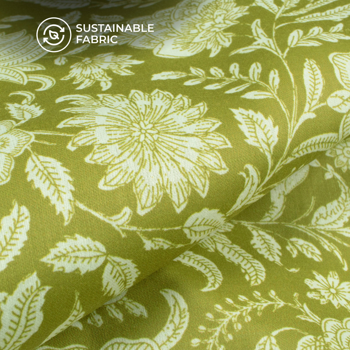 Olive Green Floral Digital Print Poly Glazed Cotton Fabric